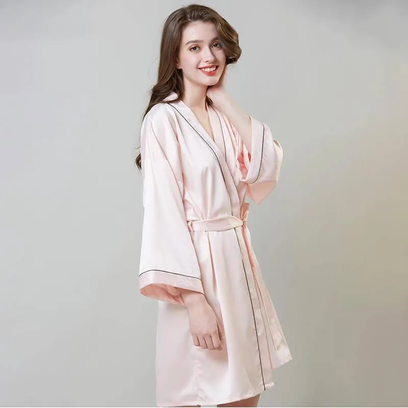 Luxury Sexy Womens Silk Robe 100% Mulberry Silk Bathrobe Silk Nightwear With White Piping