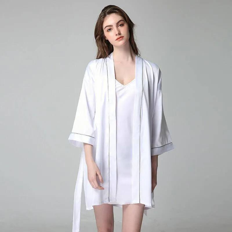 Luxury Sexy Womens Silk Robe 100% Mulberry Silk Bathrobe Silk Nightwear With White Piping