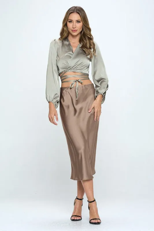 Made in USA Silky Satin Wrap Crop Top with Tie