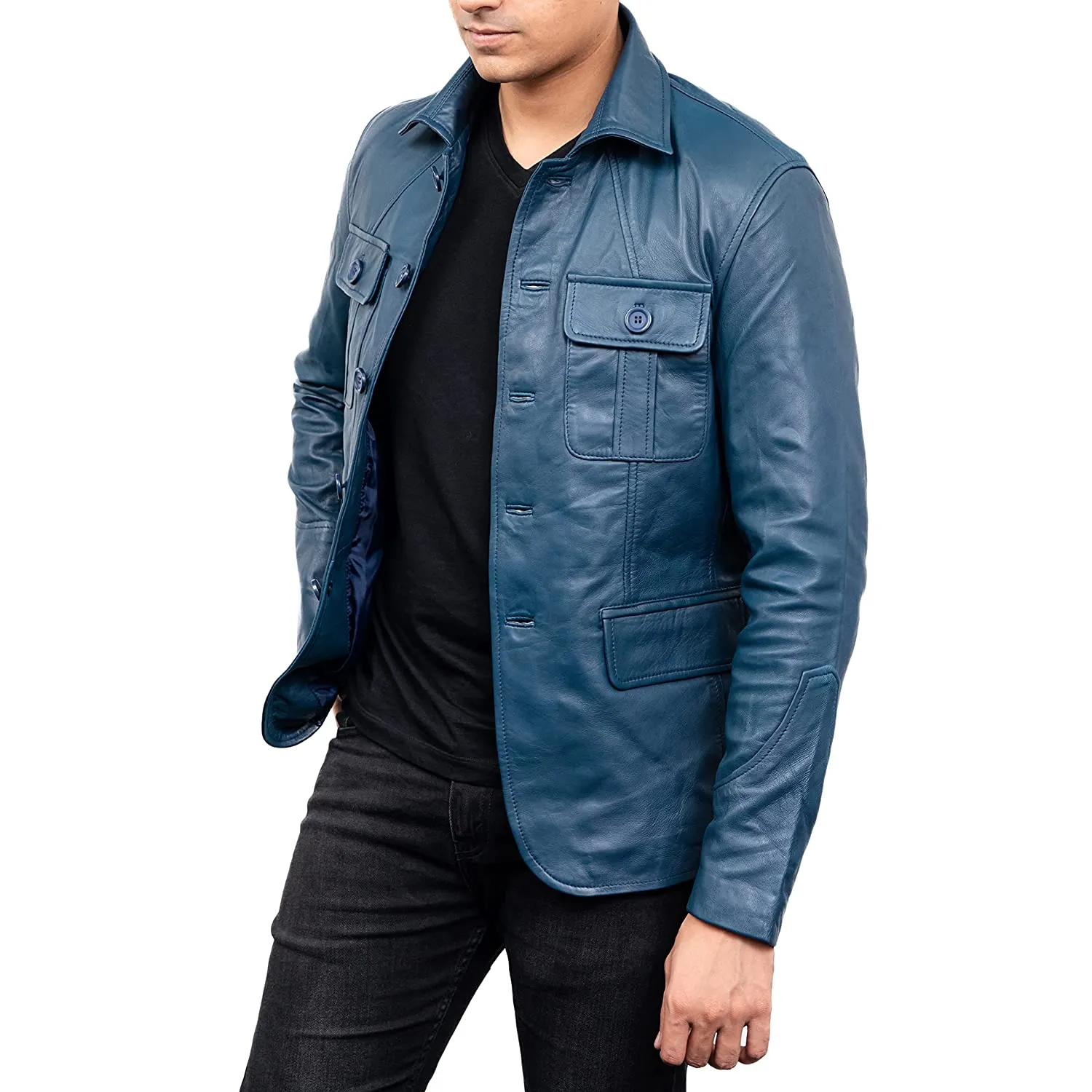 Men's 5-Buttons Lambskin Blue Leather Coat