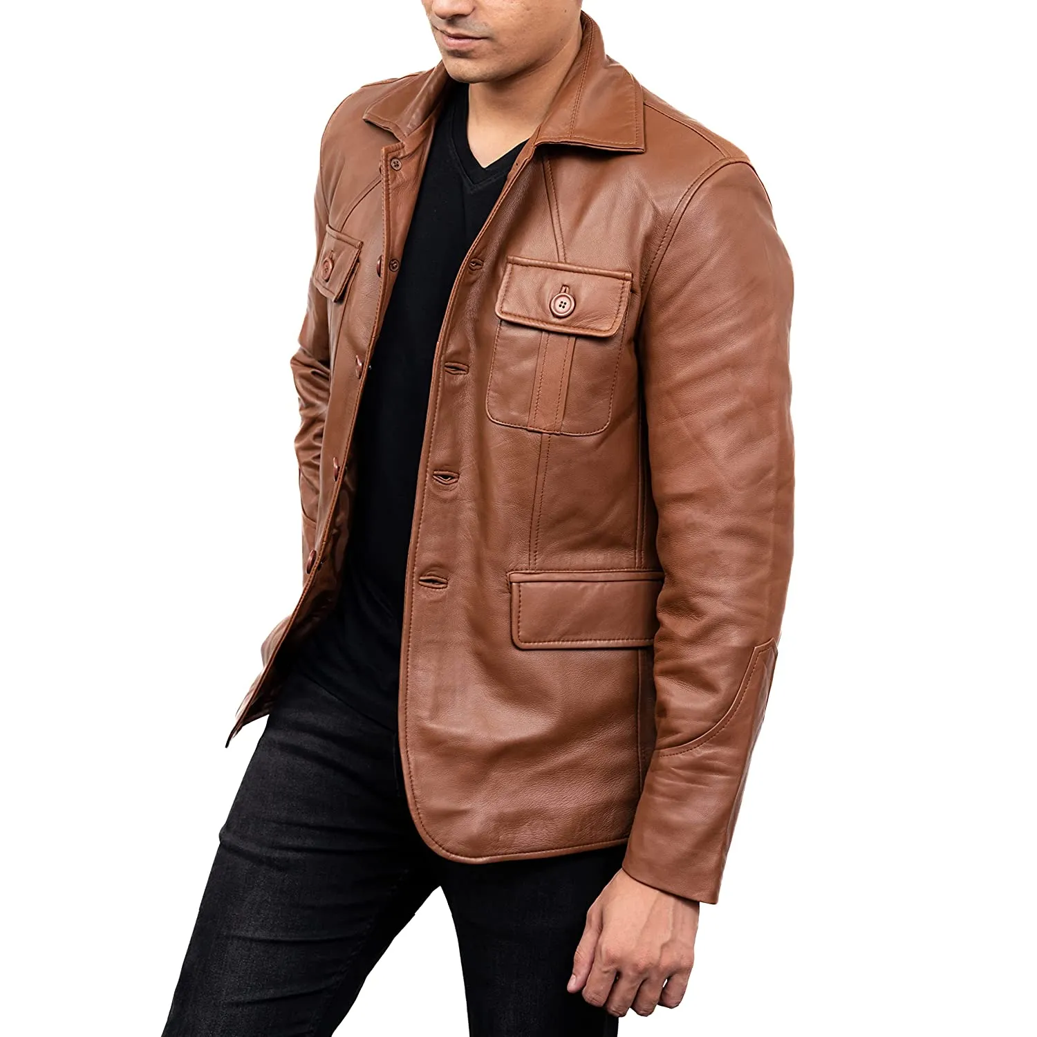 Men's 5-Buttons Lambskin Cognac Leather Coat