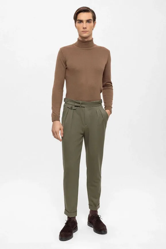 Men's Khaki High Waist Pleated Trousers