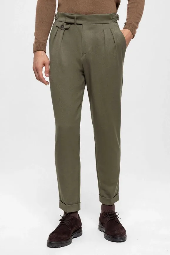 Men's Khaki High Waist Pleated Trousers