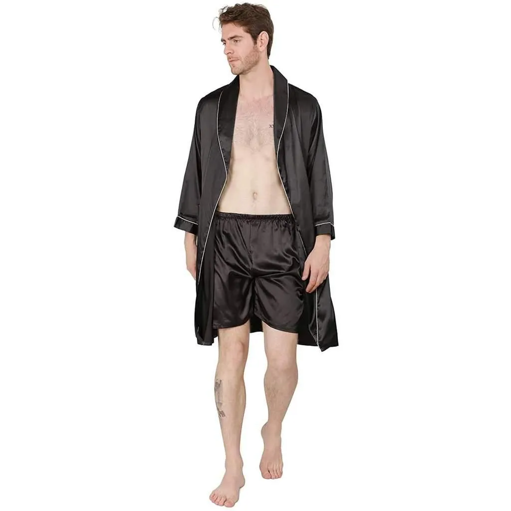 Men's Silk Kimono Robe Set with Shorts Summer Long-Sleeve Silk Robe Set Silk bathrobe