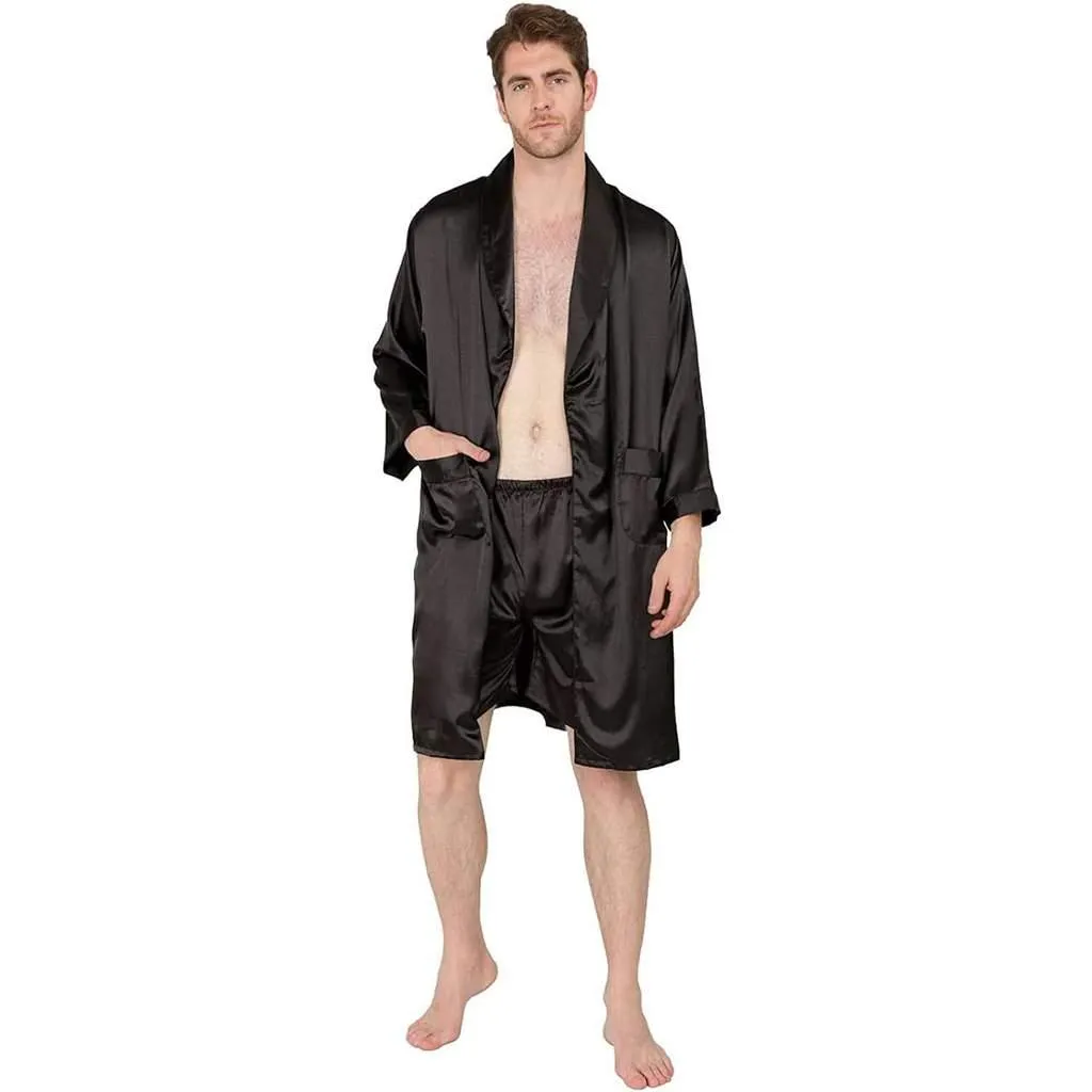 Men's Silk Kimono Robe Set with Shorts Summer Long-Sleeve Silk Robe Set Silk bathrobe