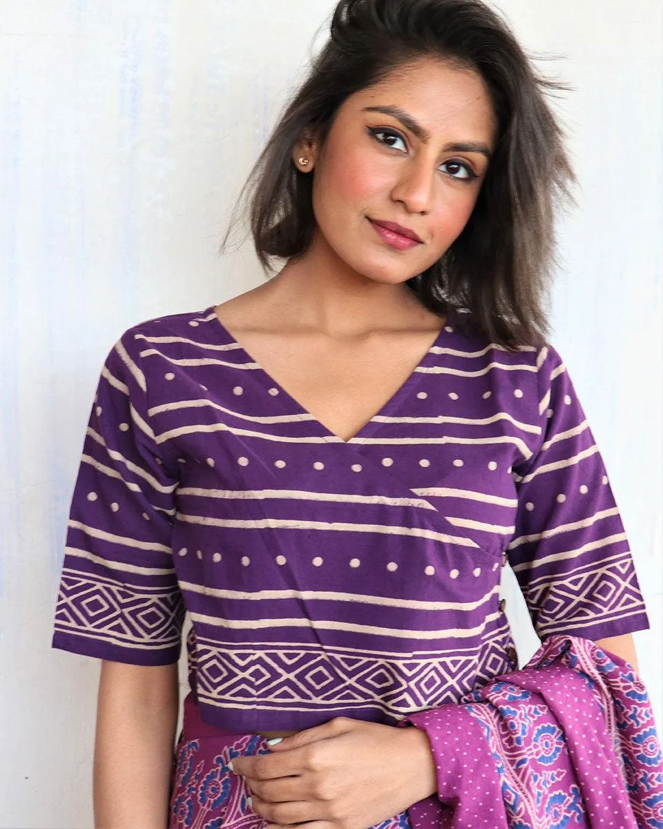 Purple Block Printed Crop Top Blouse-Butterflygirls