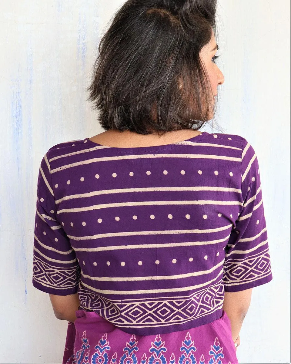 Purple Block Printed Crop Top Blouse-Butterflygirls