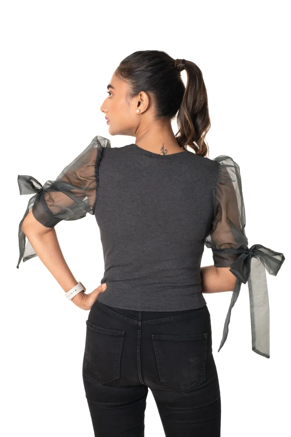 Round neck Blouses with Bow Tied-up Sleeves