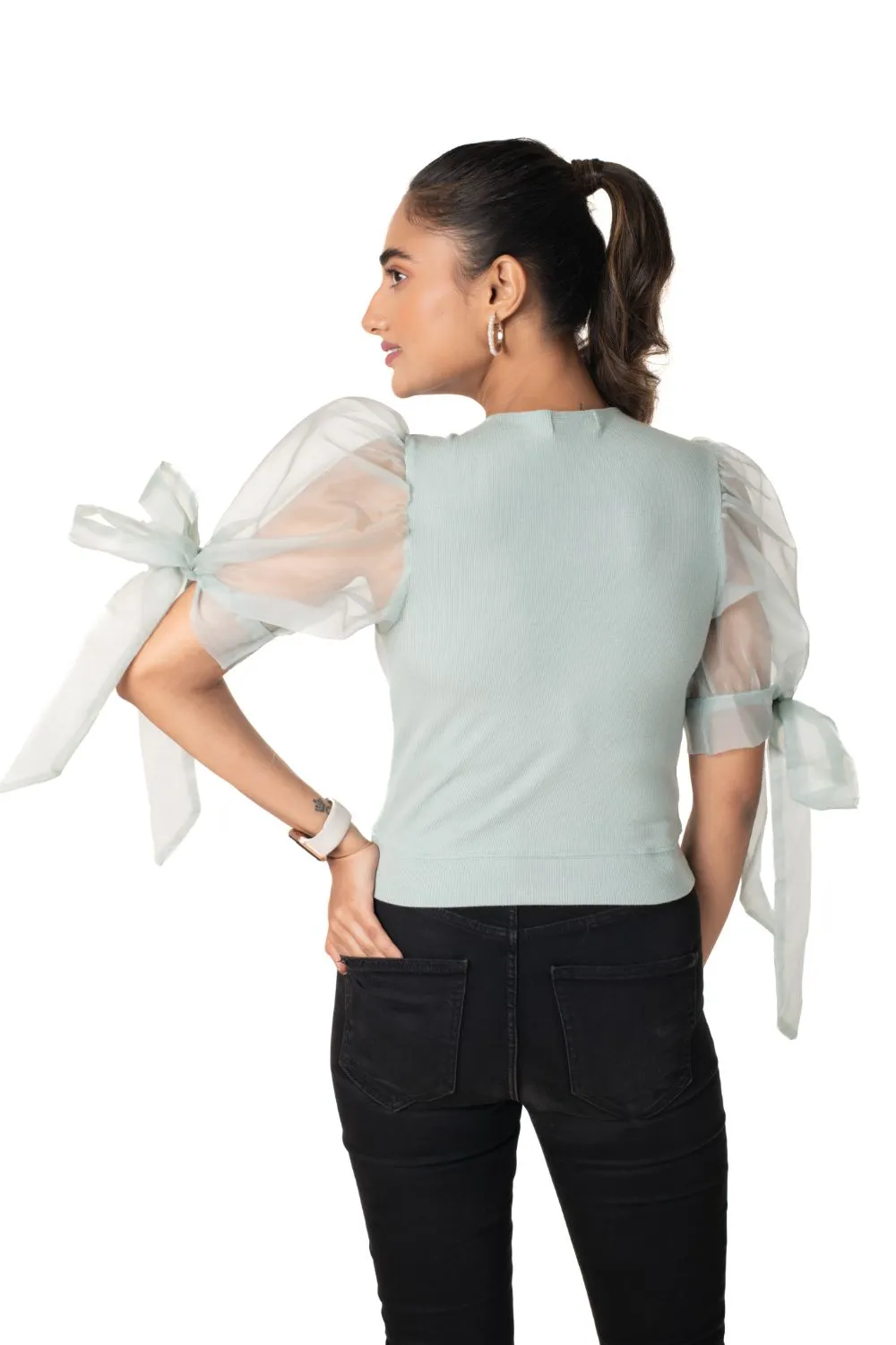 Round neck Blouses with Bow Tied-up Sleeves