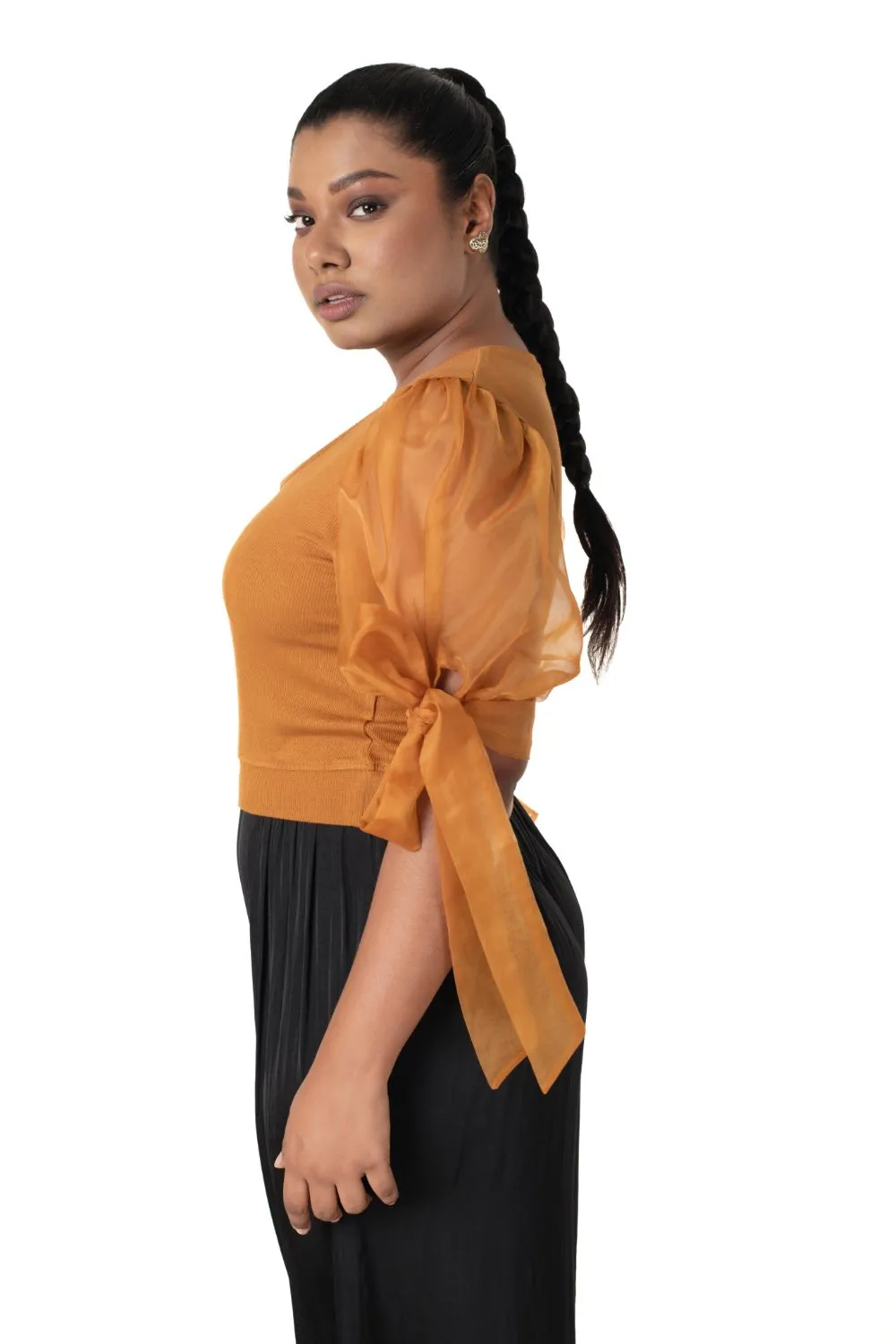 Round neck Blouses with Bow Tied-up Sleeves