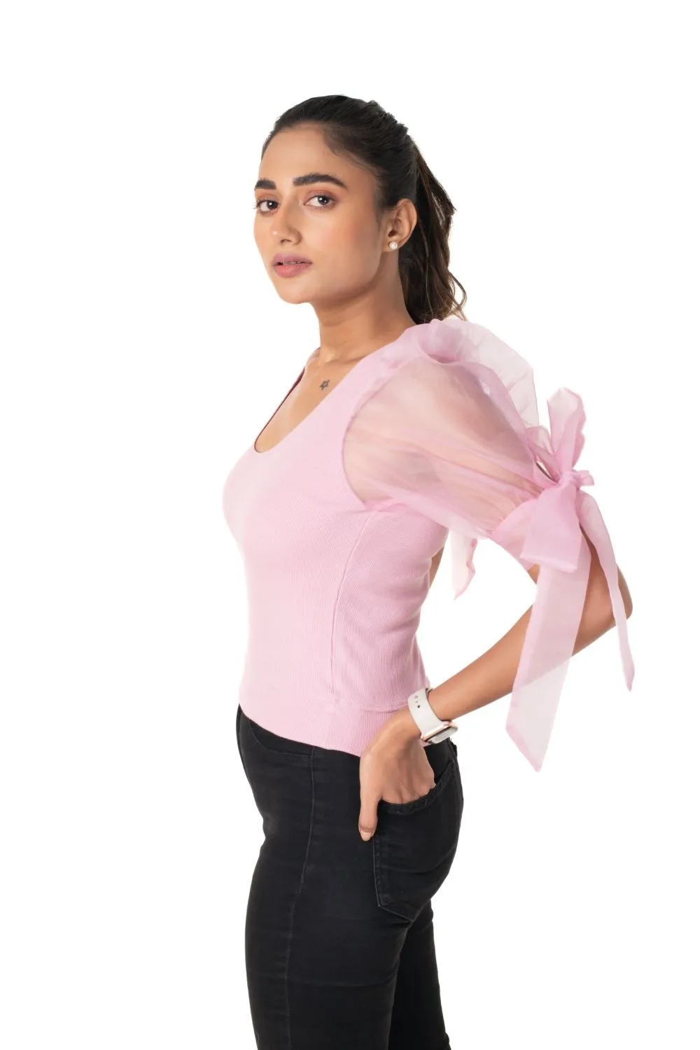 Round neck Blouses with Bow Tied-up Sleeves