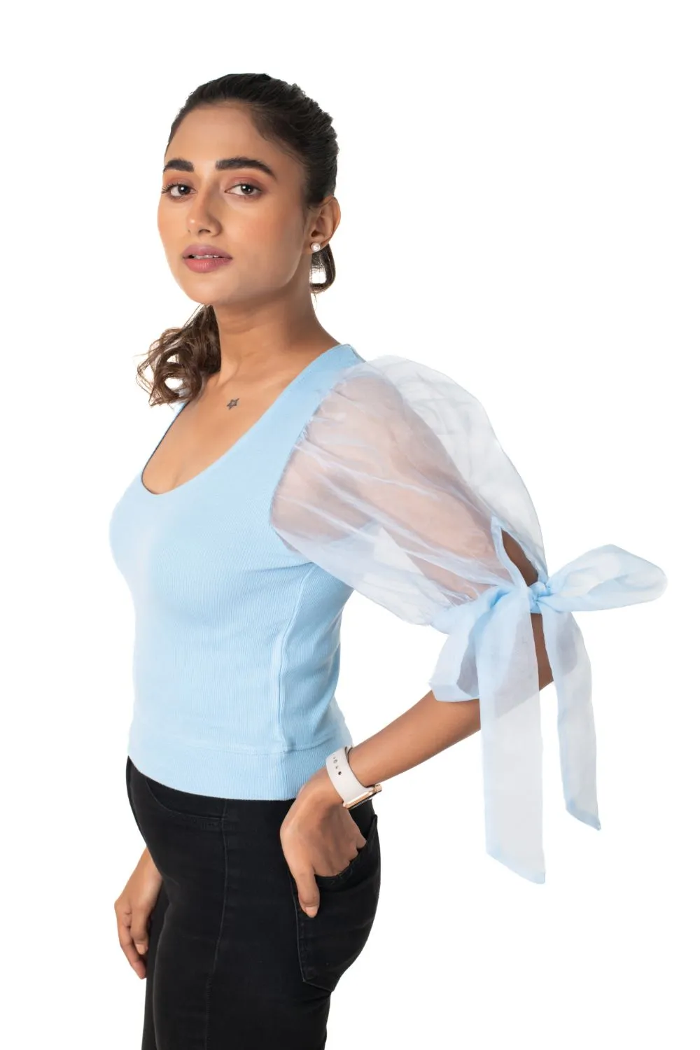 Round neck Blouses with Bow Tied-up Sleeves