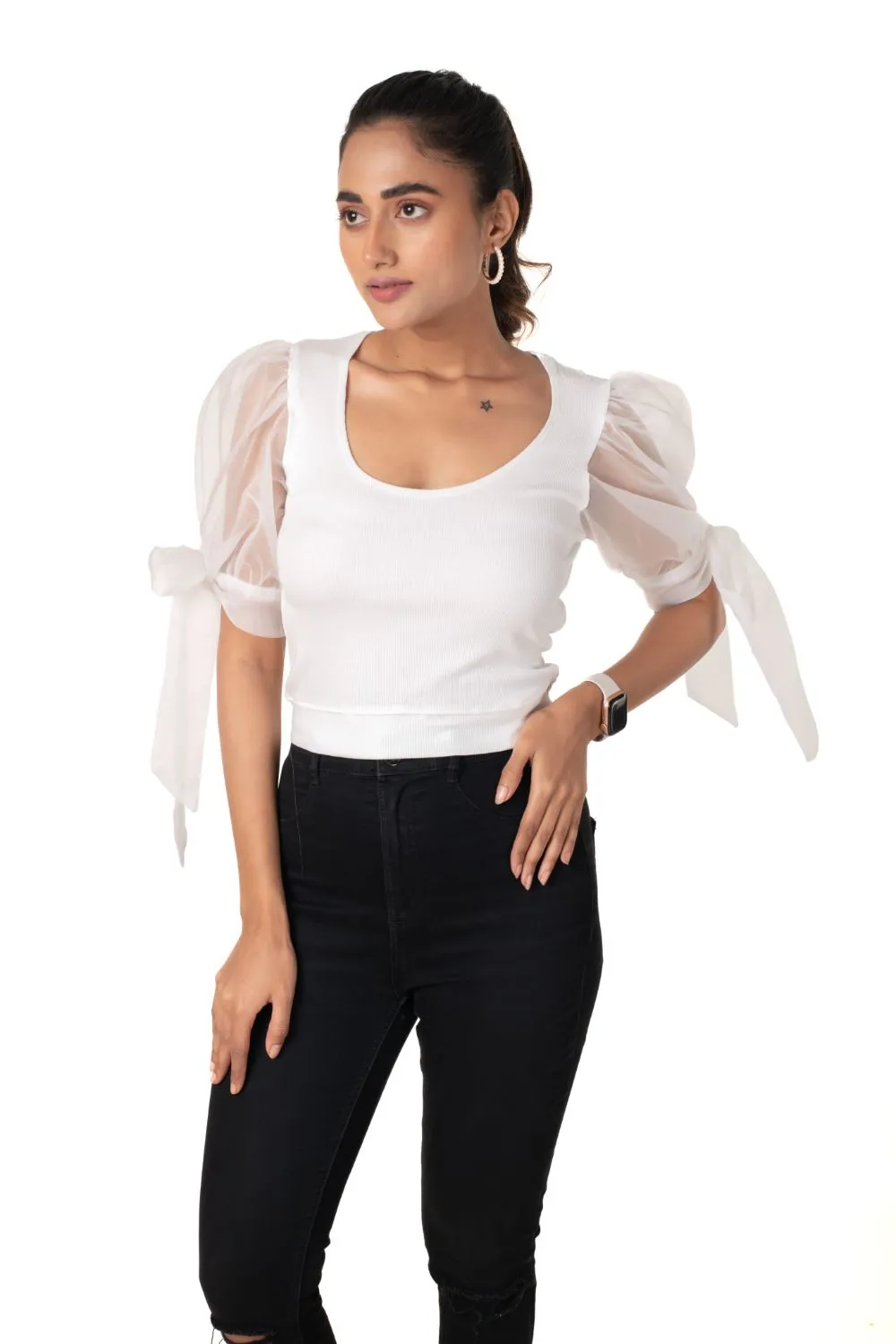 Round neck Blouses with Bow Tied-up Sleeves