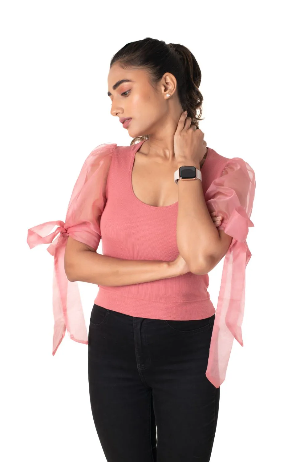 Round neck Blouses with Bow Tied-up Sleeves