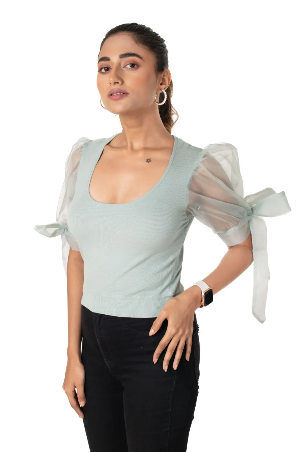 Round neck Blouses with Bow Tied-up Sleeves