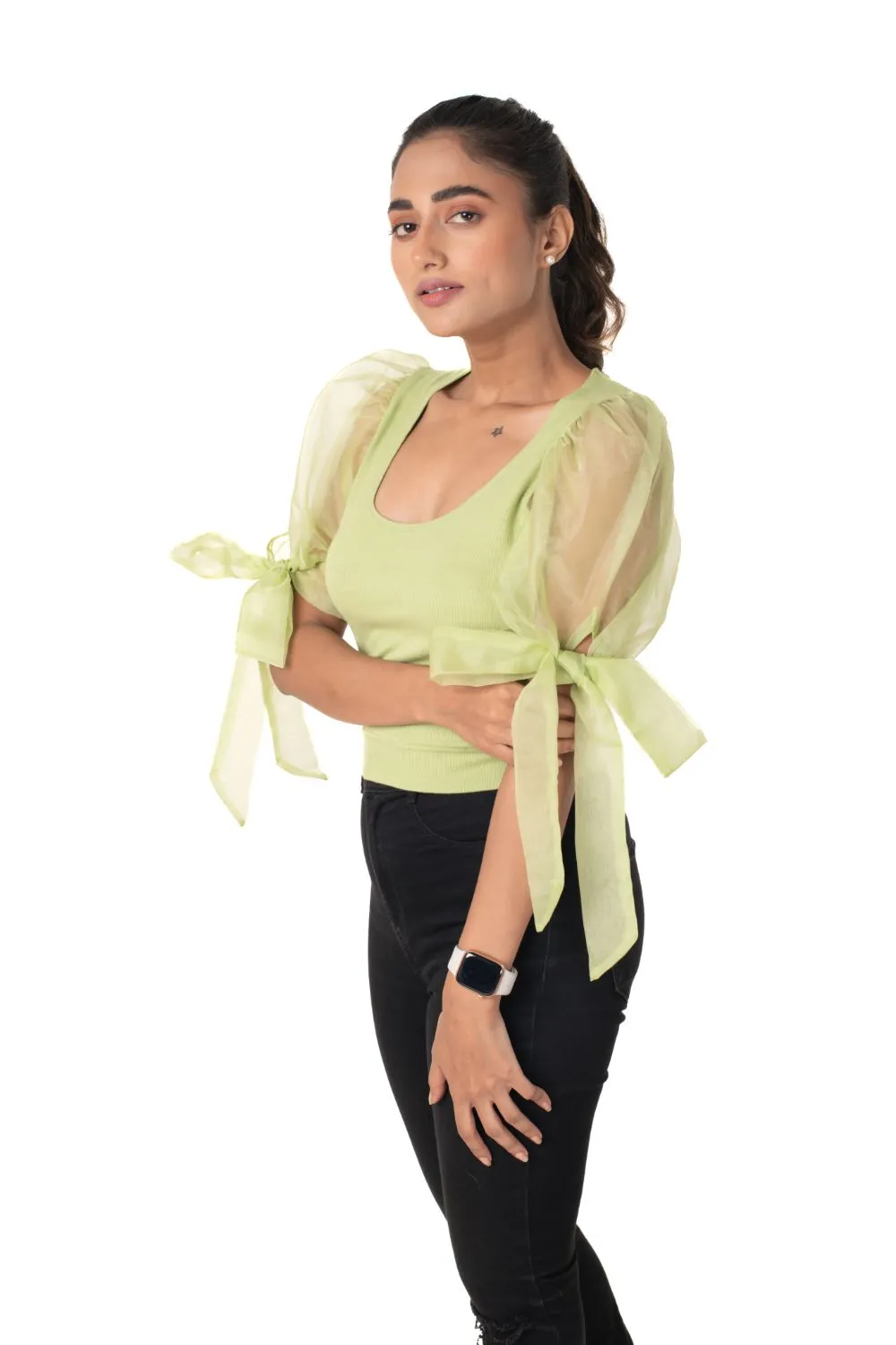 Round neck Blouses with Bow Tied-up Sleeves