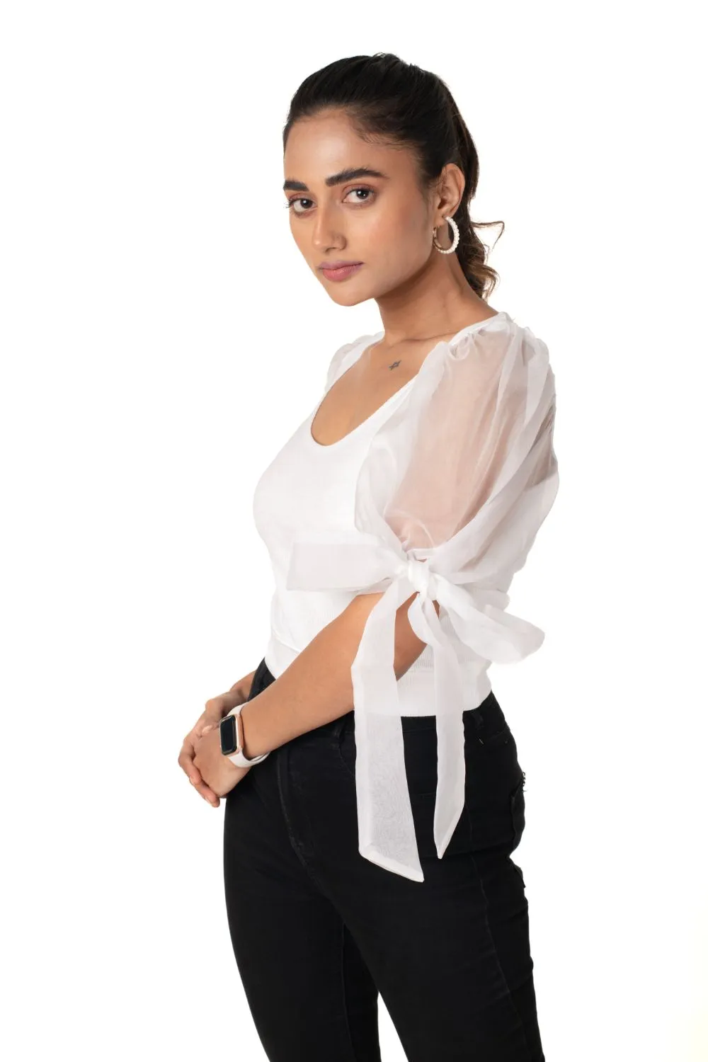 Round neck Blouses with Bow Tied-up Sleeves