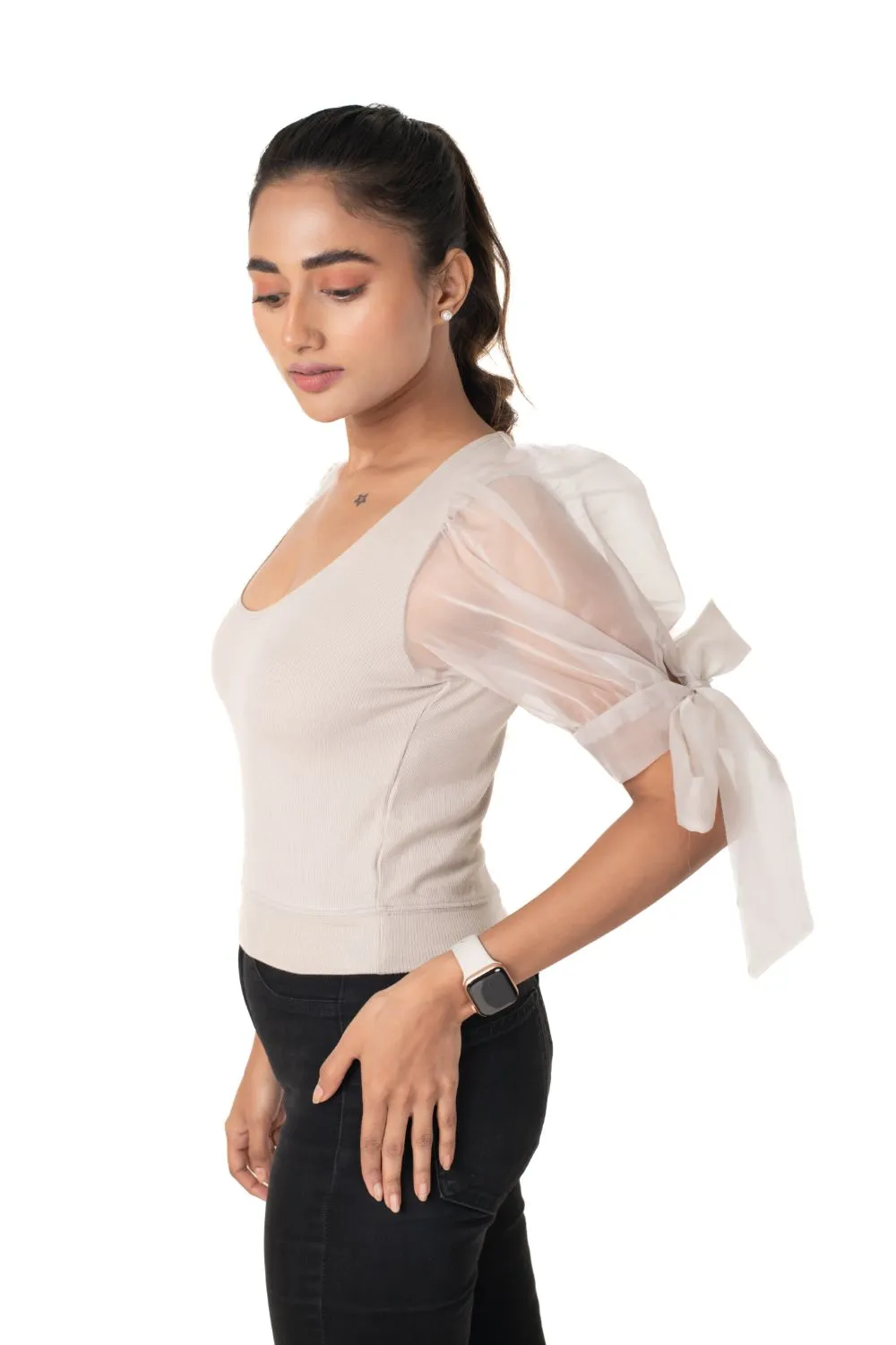 Round neck Blouses with Bow Tied-up Sleeves