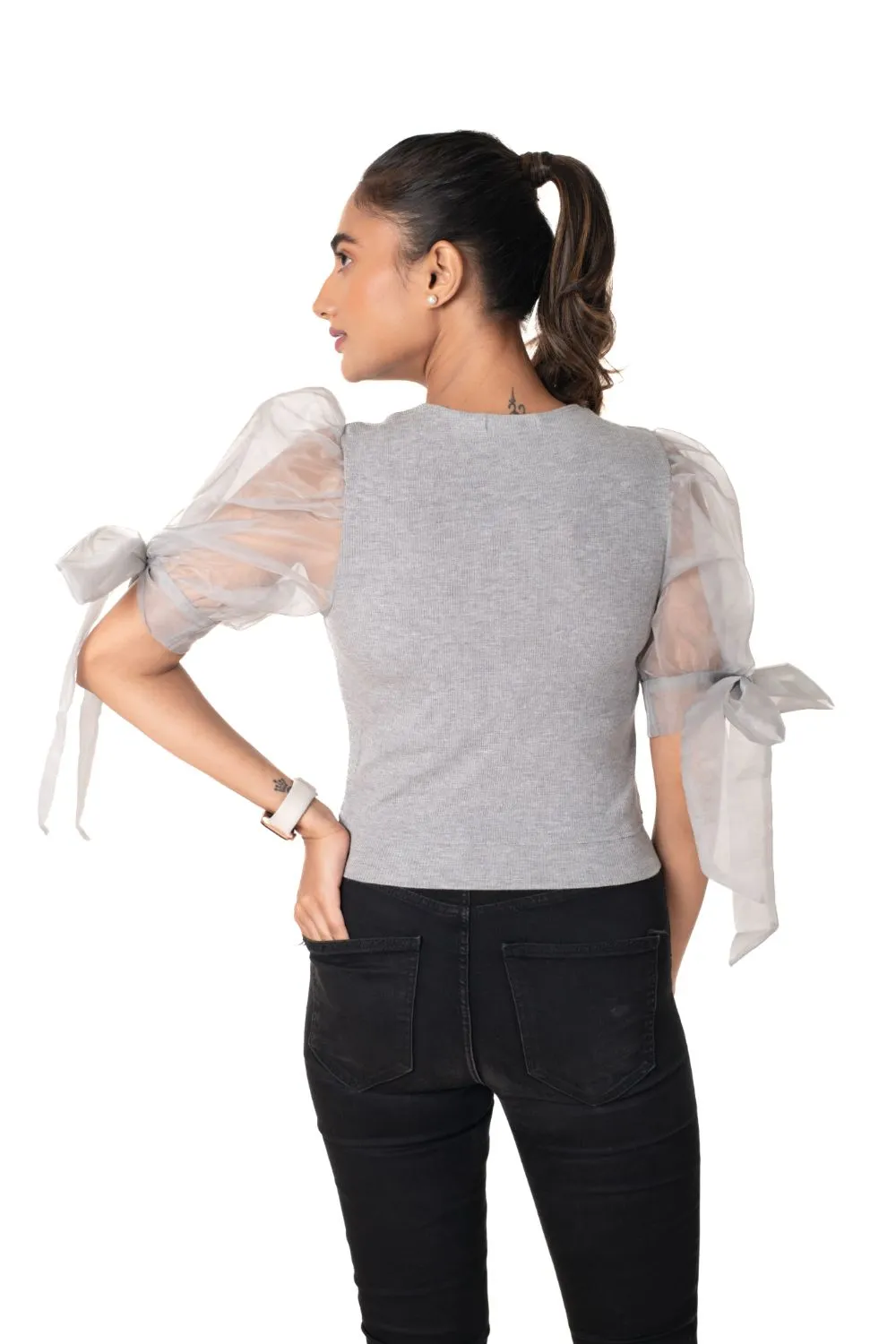 Round neck Blouses with Bow Tied-up Sleeves