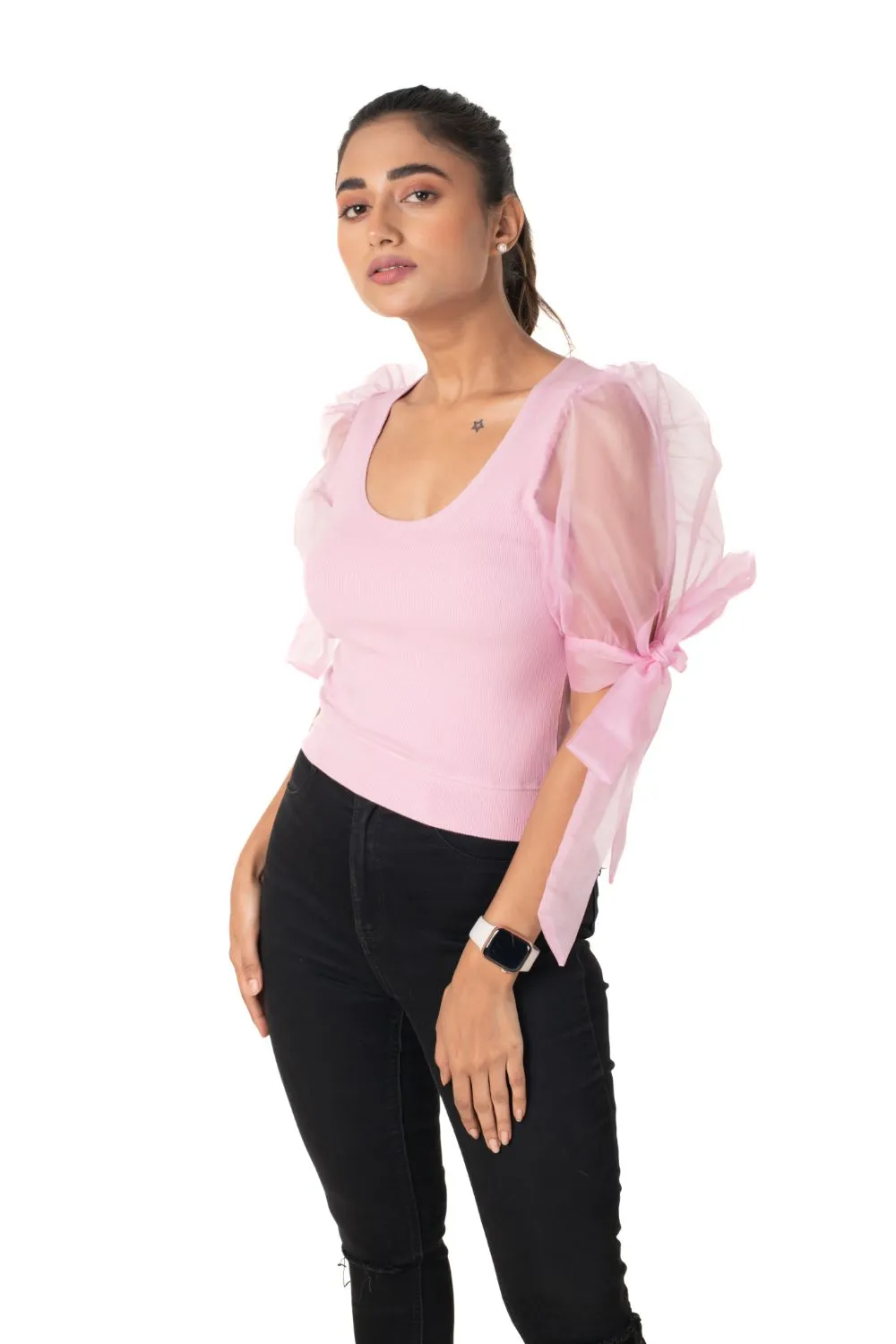 Round neck Blouses with Bow Tied-up Sleeves