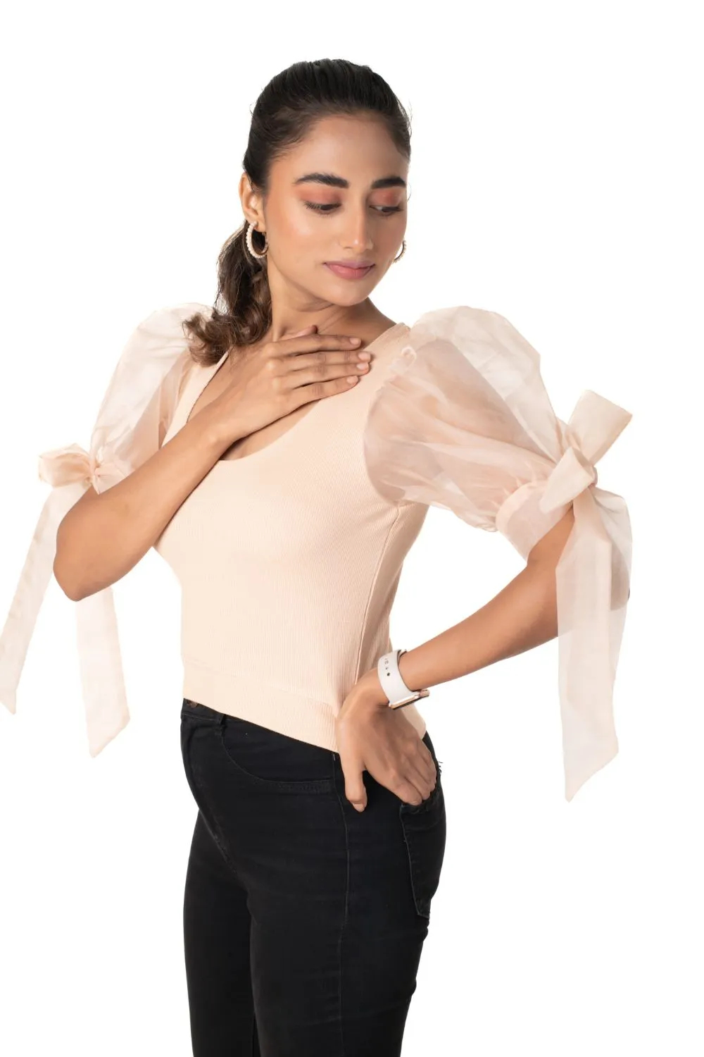 Round neck Blouses with Bow Tied-up Sleeves