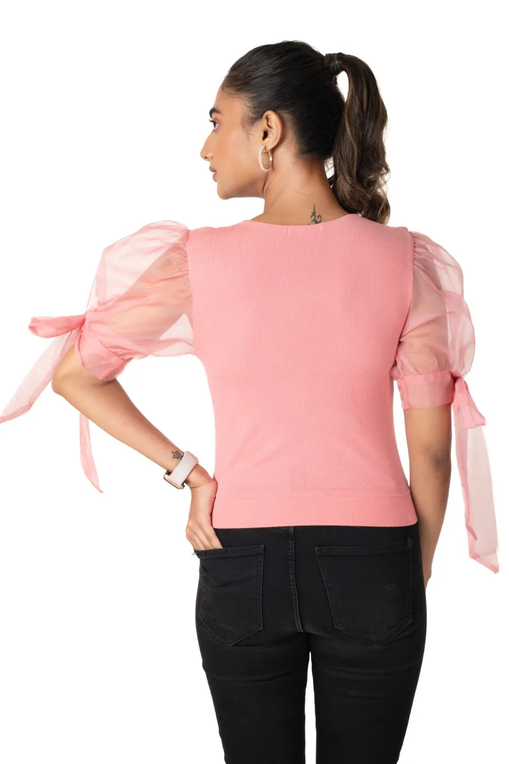 Round neck Blouses with Bow Tied-up Sleeves