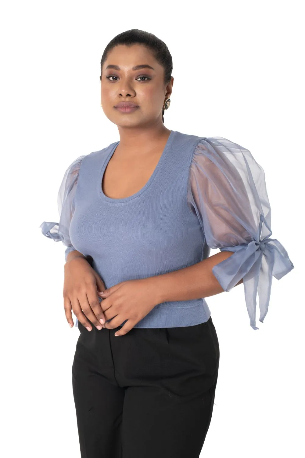 Round neck Blouses with Bow Tied-up Sleeves