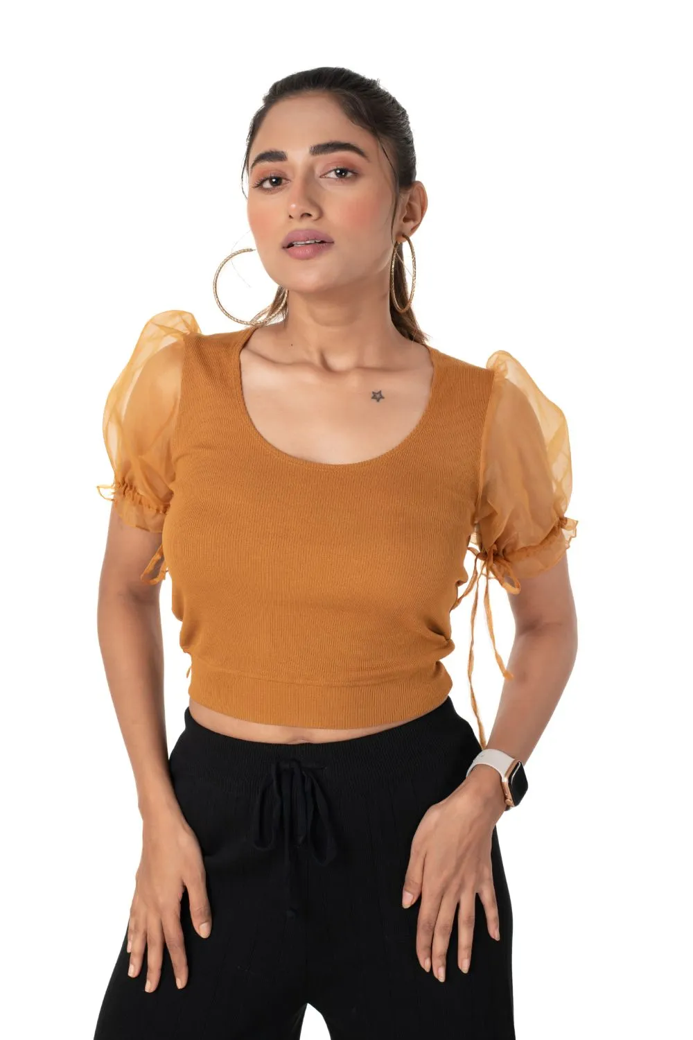 Round neck Blouses with Puffy Organza Sleeves