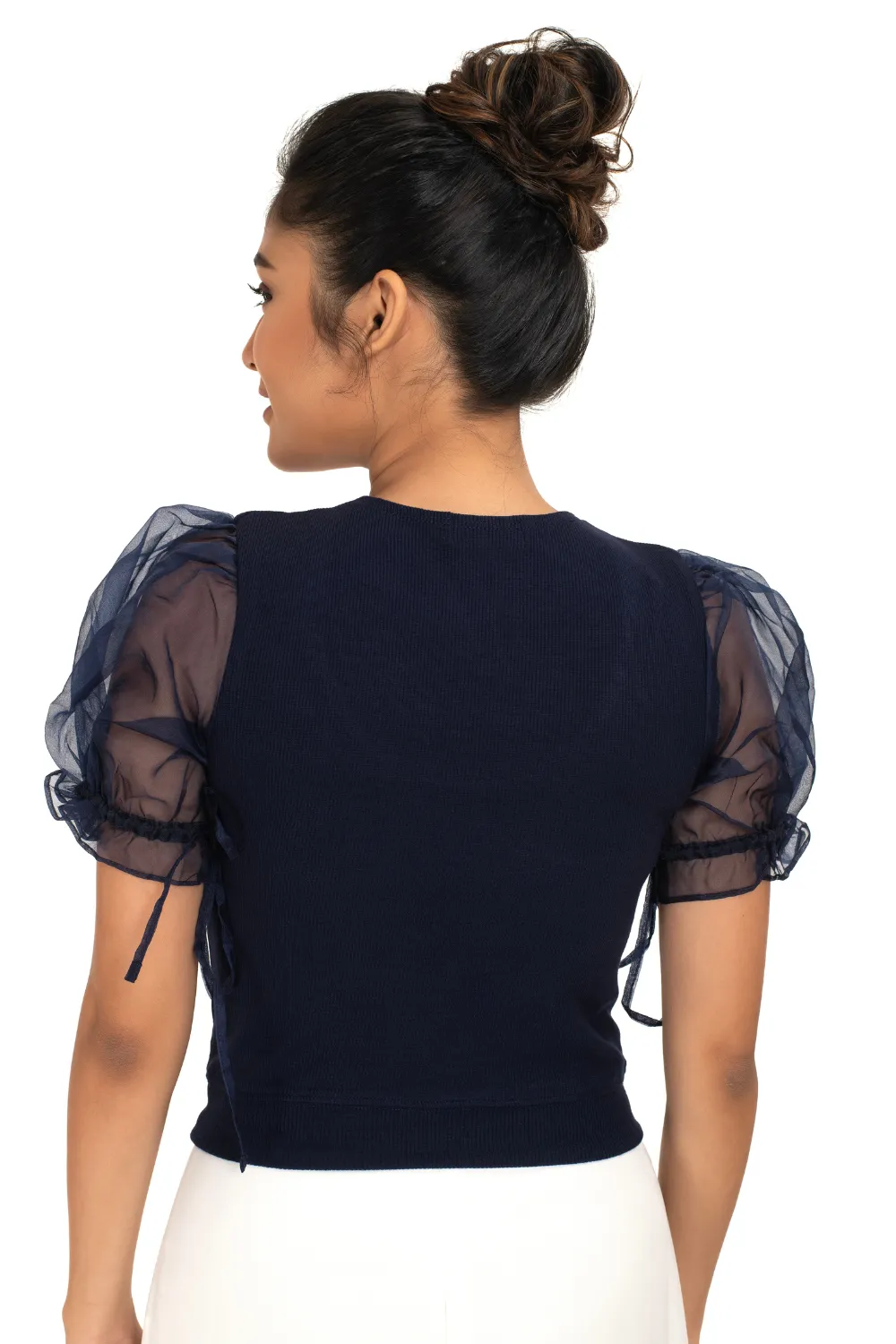 Round neck Blouses with Puffy Organza Sleeves