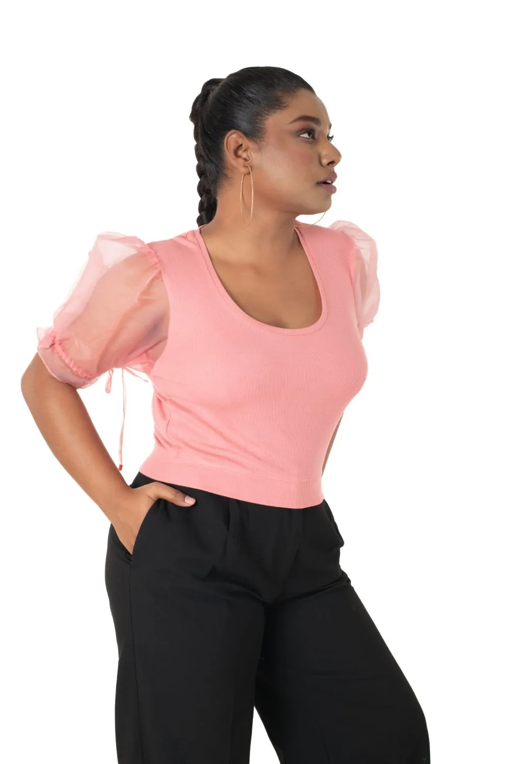 Round neck Blouses with Puffy Organza Sleeves