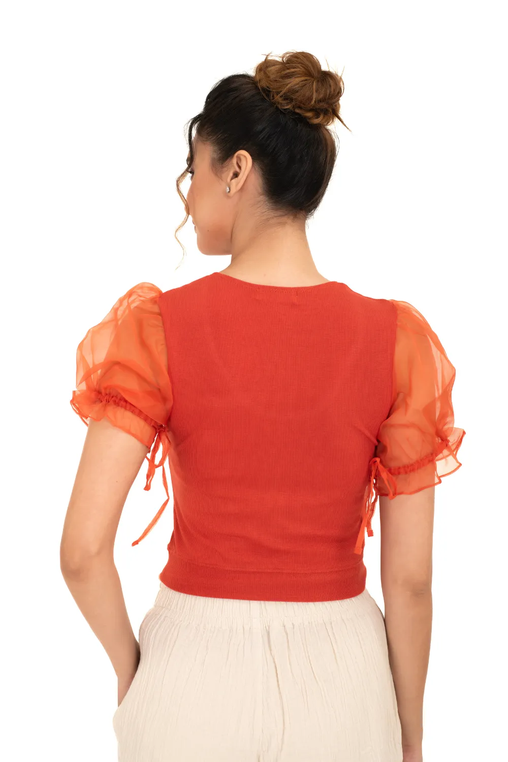 Round neck Blouses with Puffy Organza Sleeves