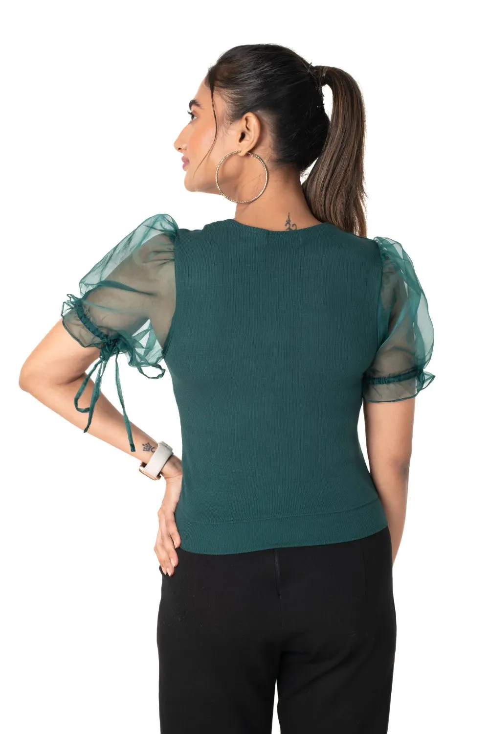 Round neck Blouses with Puffy Organza Sleeves