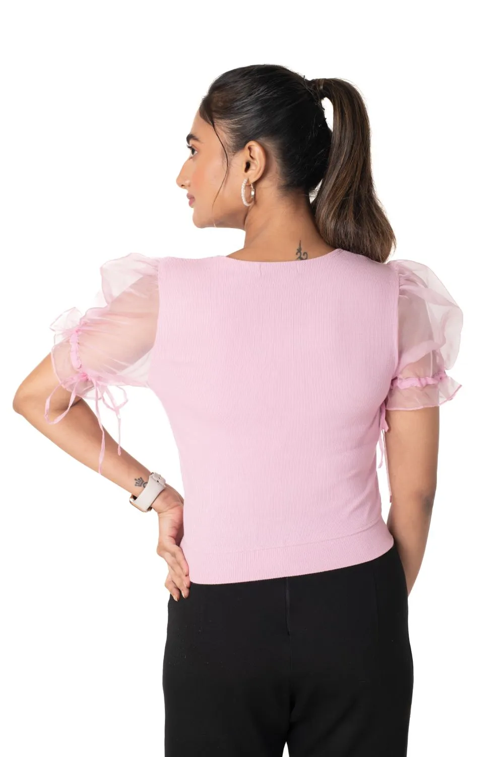 Round neck Blouses with Puffy Organza Sleeves