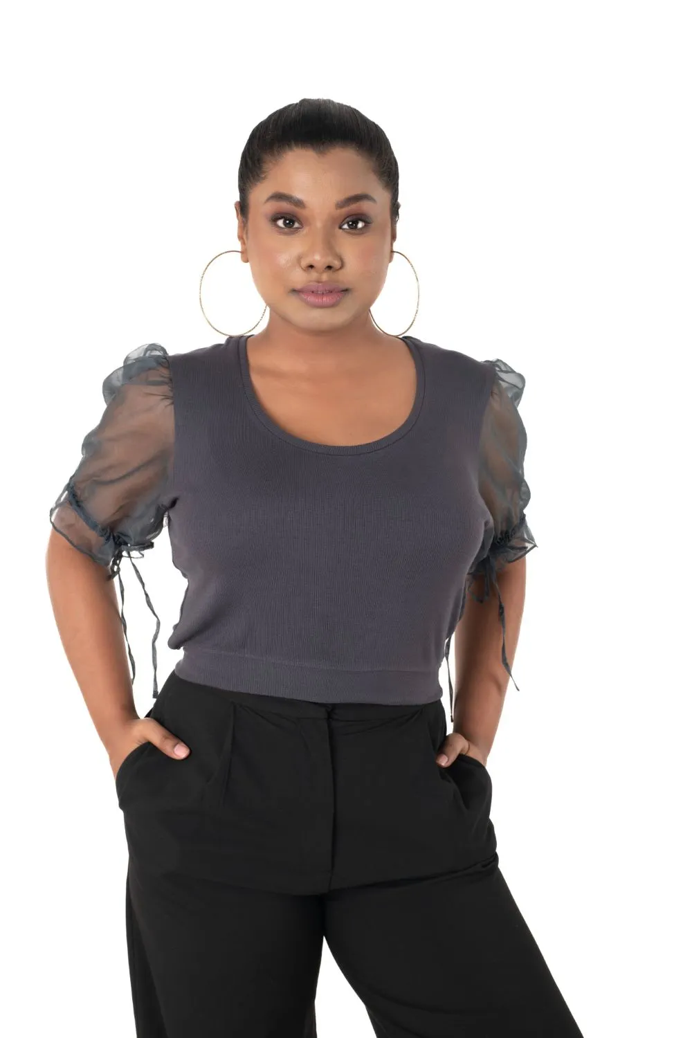 Round neck Blouses with Puffy Organza Sleeves