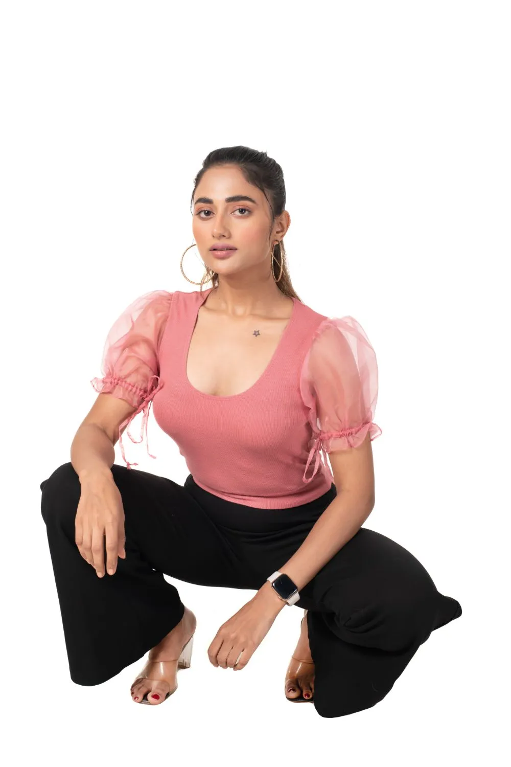 Round neck Blouses with Puffy Organza Sleeves