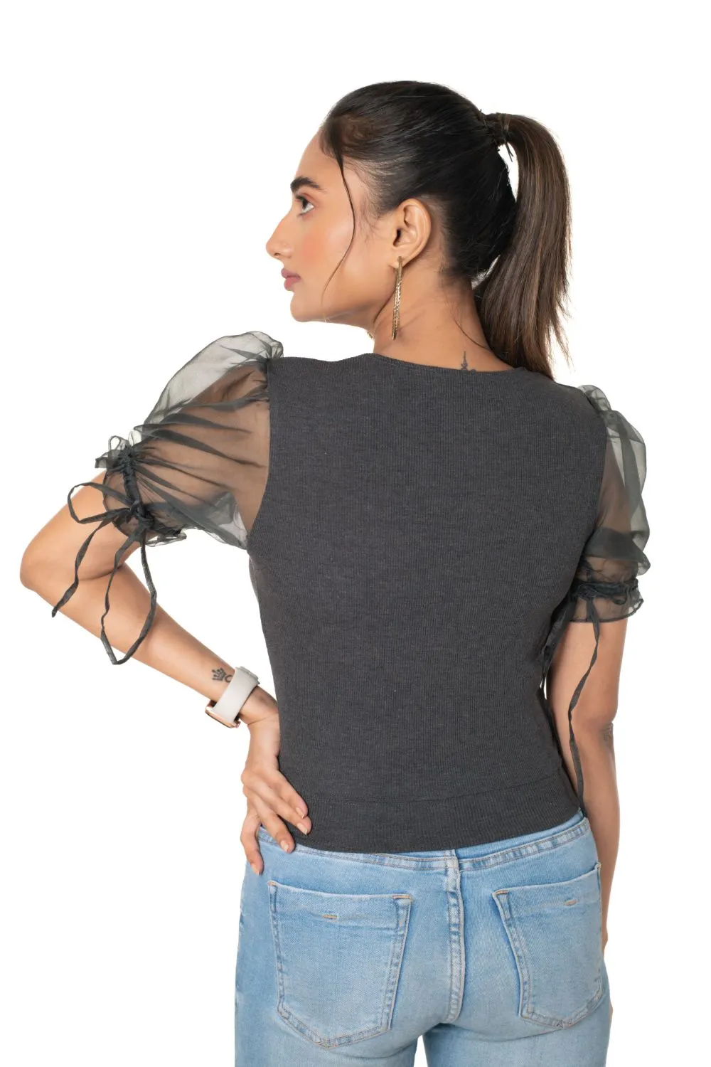 Round neck Blouses with Puffy Organza Sleeves