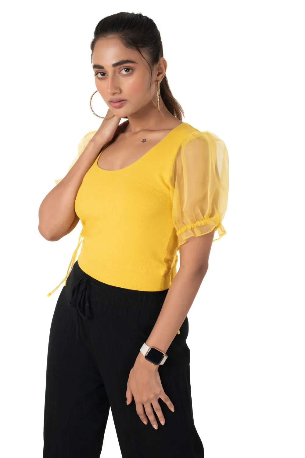 Round neck Blouses with Puffy Organza Sleeves