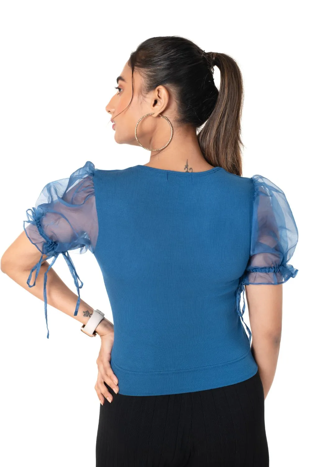 Round neck Blouses with Puffy Organza Sleeves