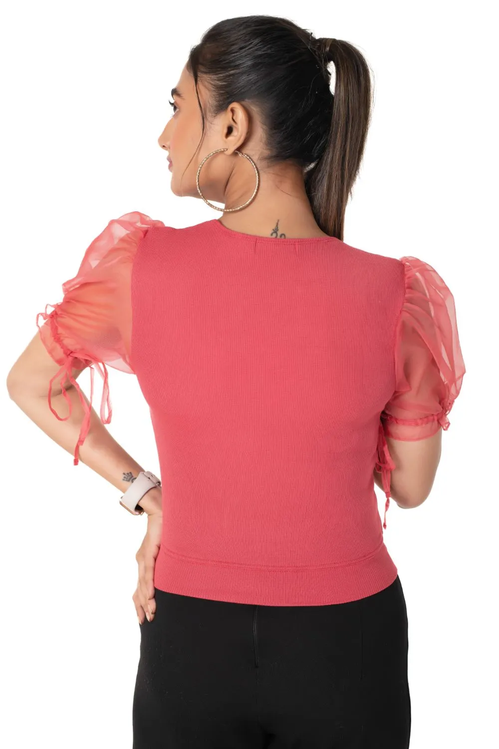 Round neck Blouses with Puffy Organza Sleeves