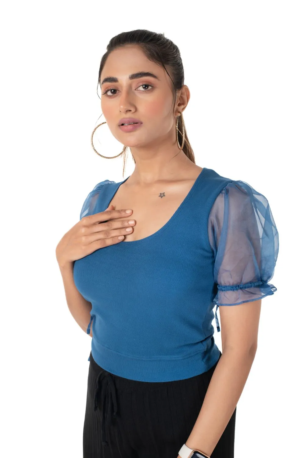 Round neck Blouses with Puffy Organza Sleeves