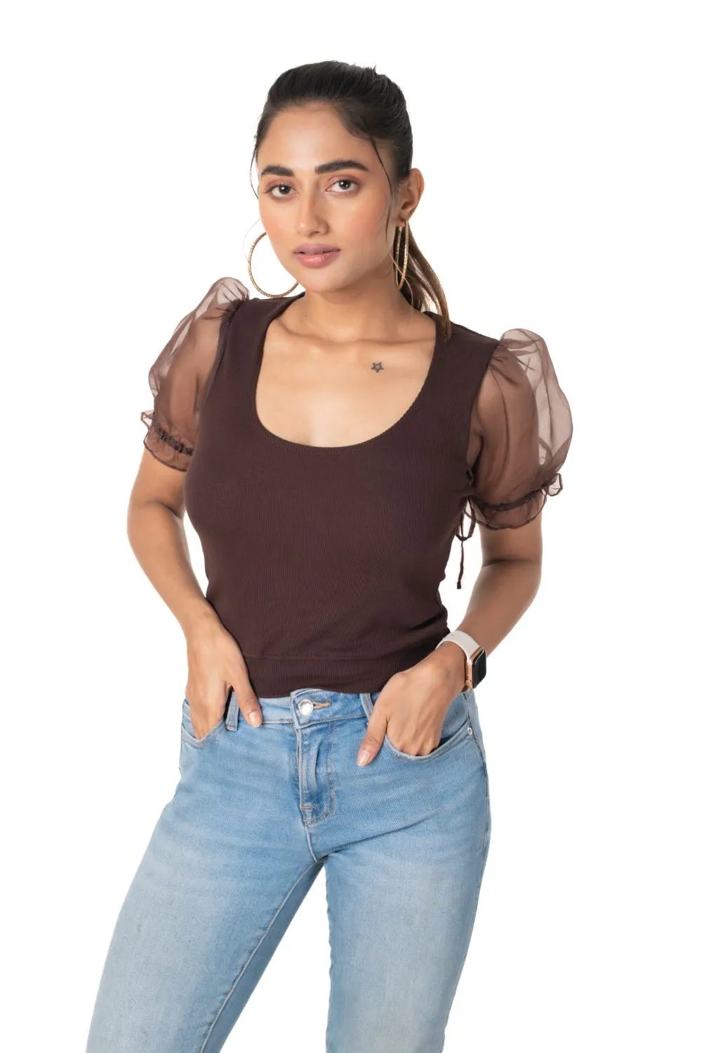 Round neck Blouses with Puffy Organza Sleeves