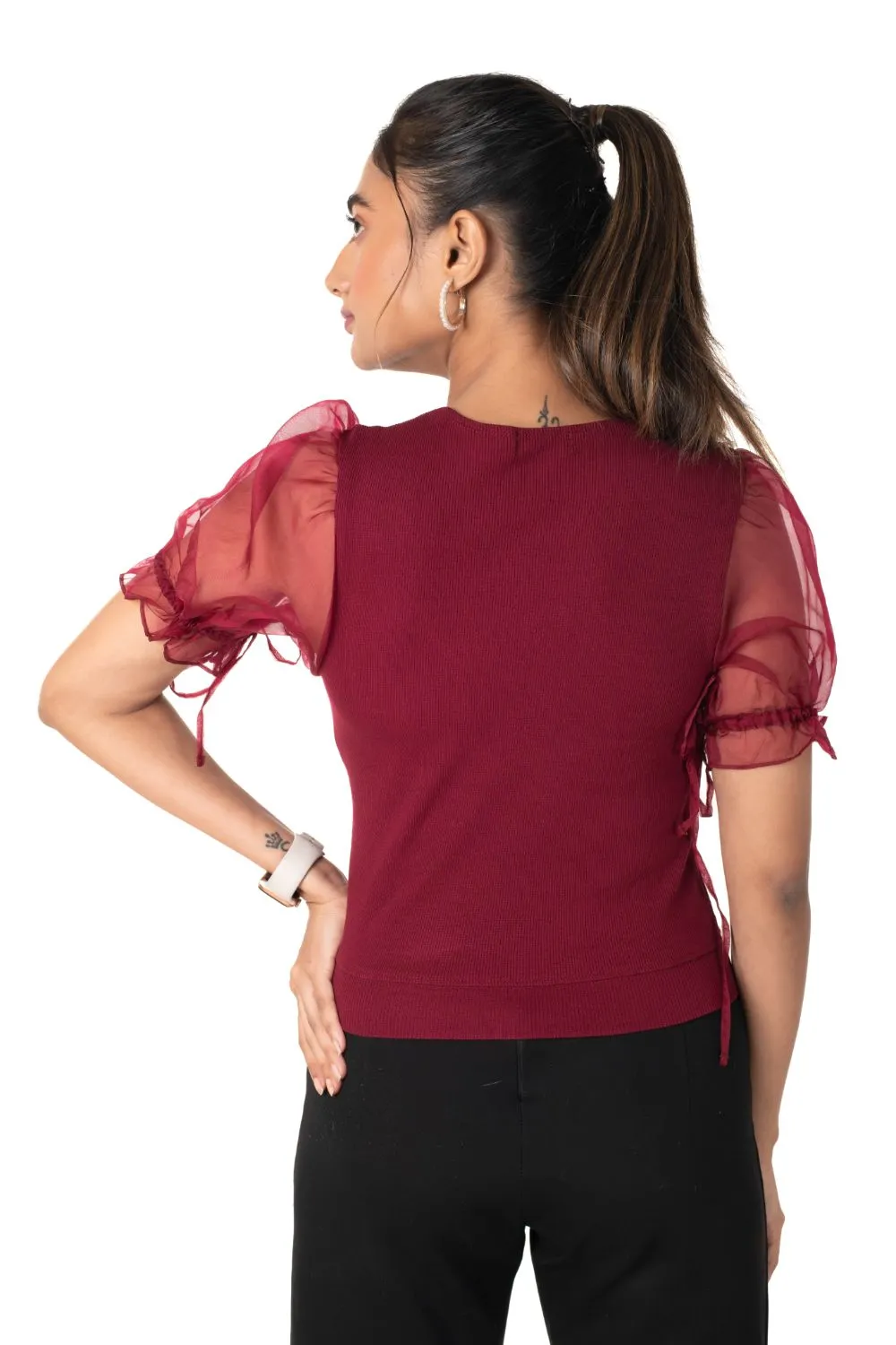 Round neck Blouses with Puffy Organza Sleeves