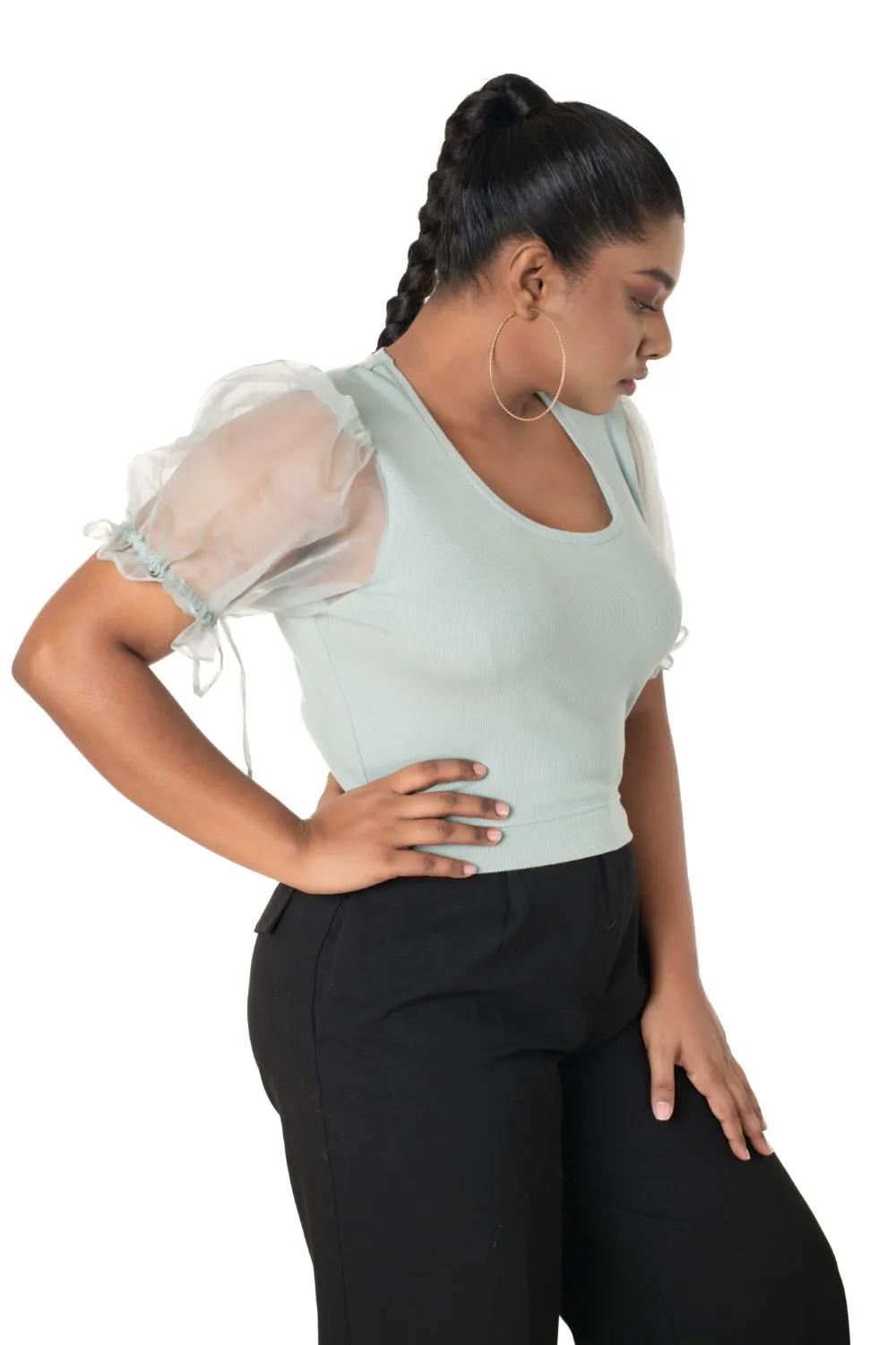 Round neck Blouses with Puffy Organza Sleeves