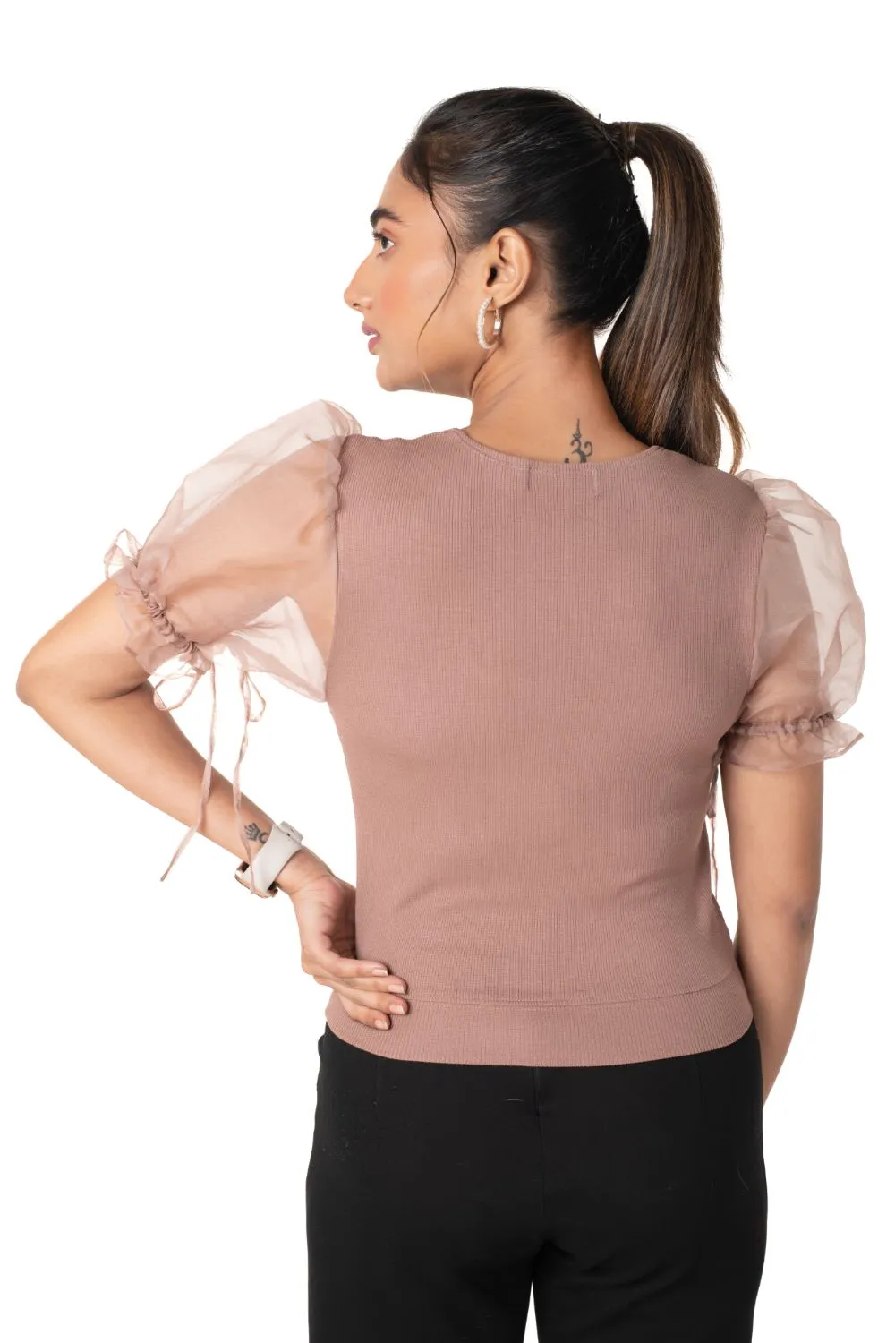 Round neck Blouses with Puffy Organza Sleeves