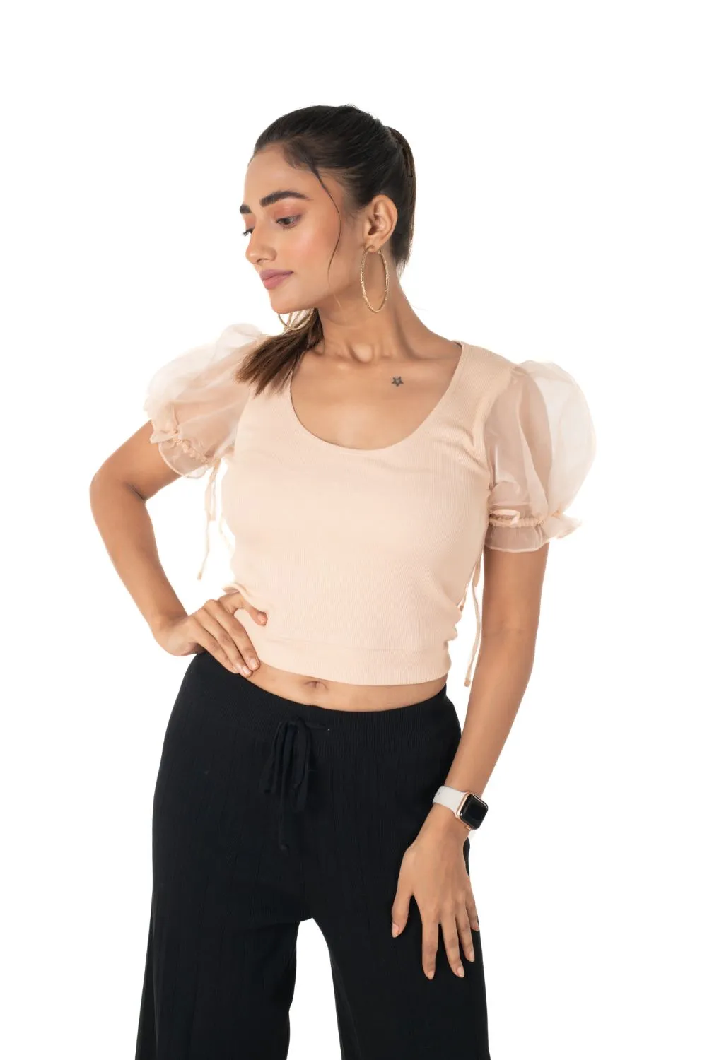 Round neck Blouses with Puffy Organza Sleeves