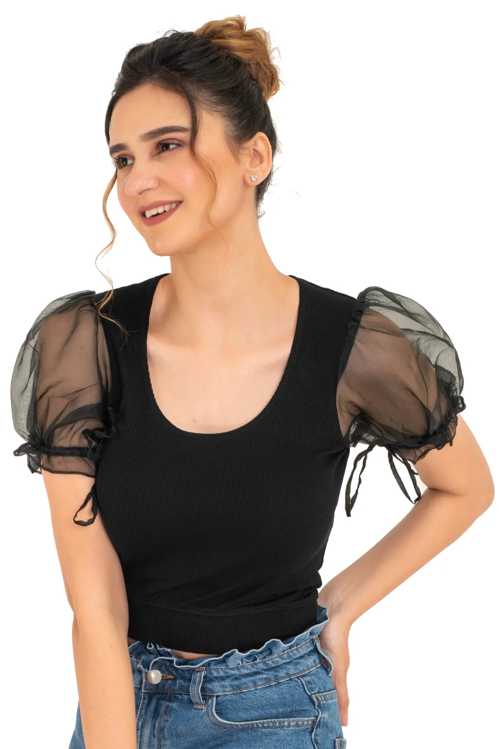 Round neck Blouses with Puffy Organza Sleeves