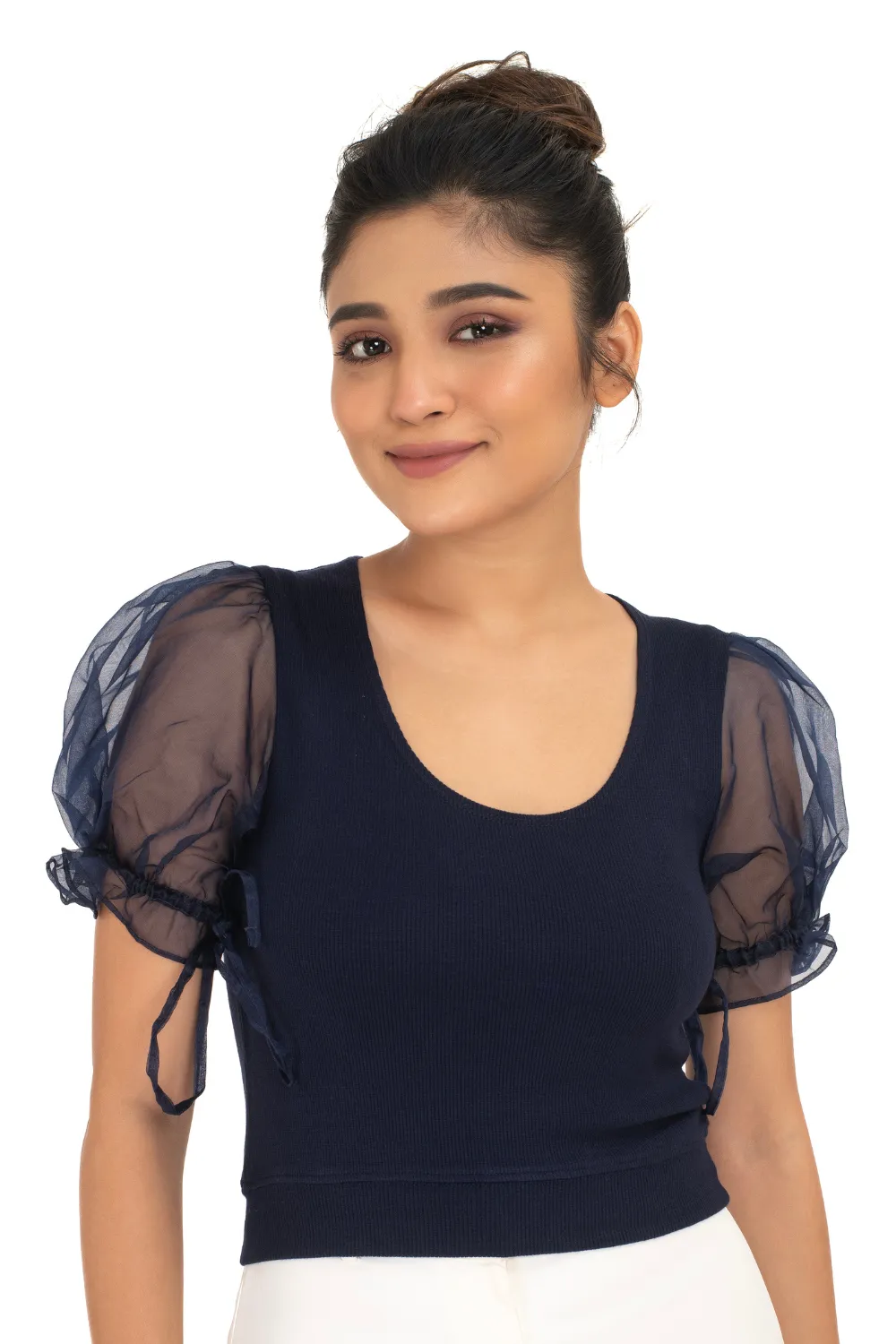 Round neck Blouses with Puffy Organza Sleeves