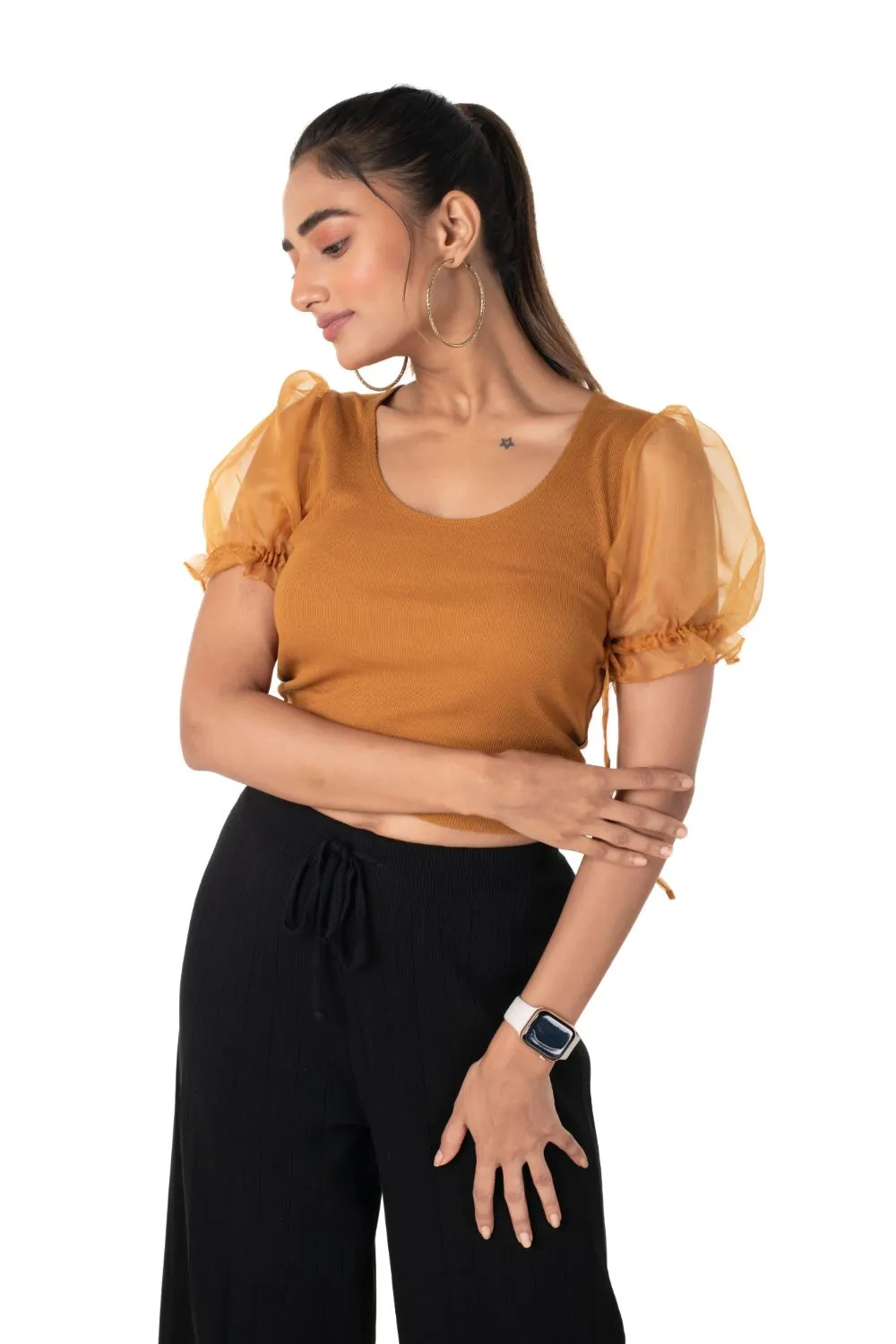 Round neck Blouses with Puffy Organza Sleeves