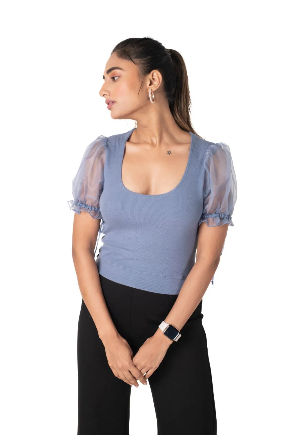 Round neck Blouses with Puffy Organza Sleeves