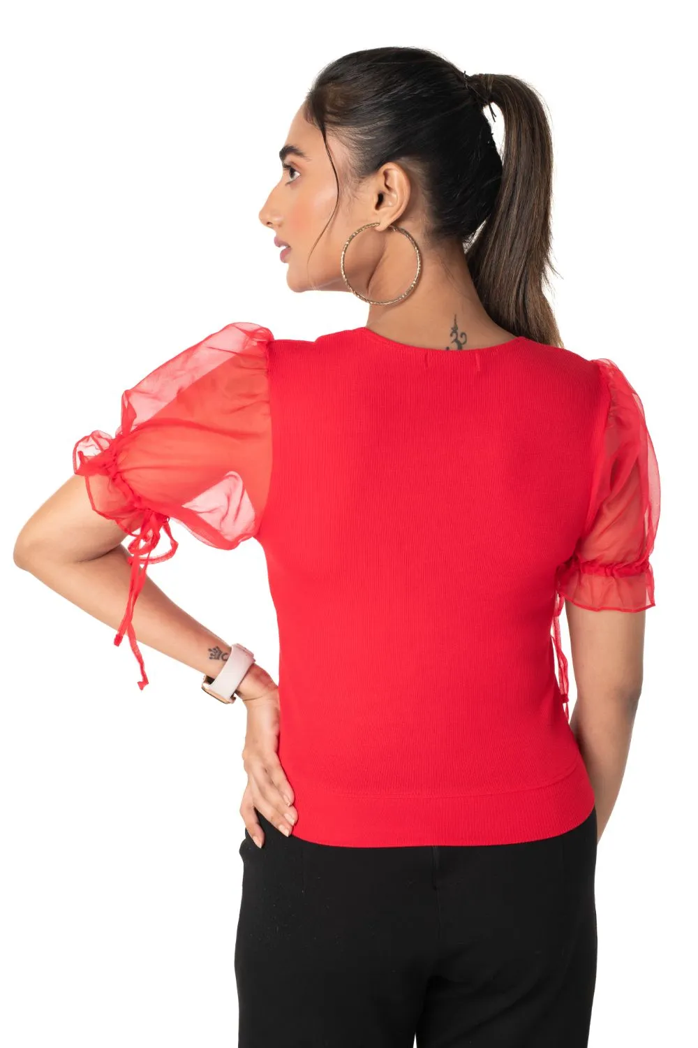 Round neck Blouses with Puffy Organza Sleeves